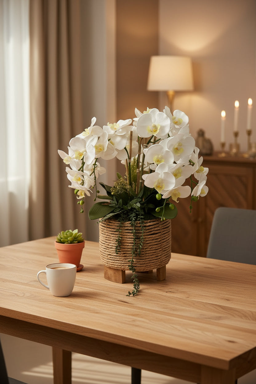 White Orchids in Rattan Basket Vase