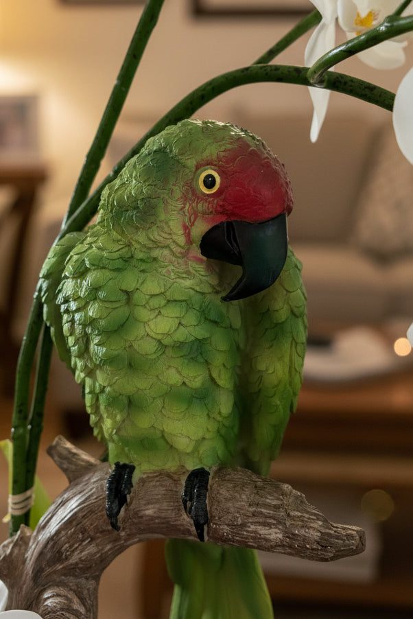 Green Parrot & White Orchid Faux Floral Sculpture