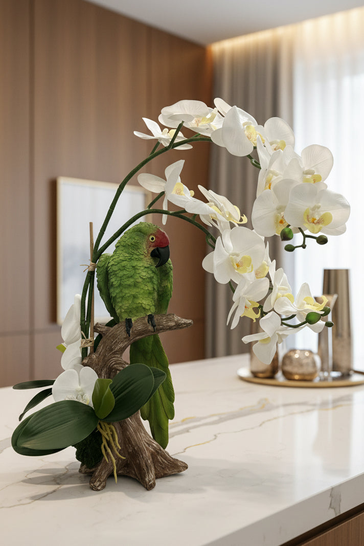 Green Parrot & White Orchid Faux Floral Sculpture