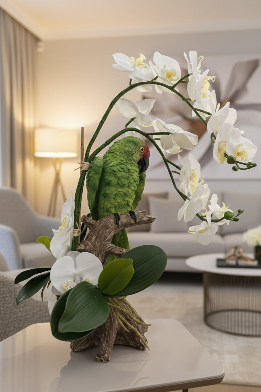 Green Parrot & White Orchid Faux Floral Sculpture