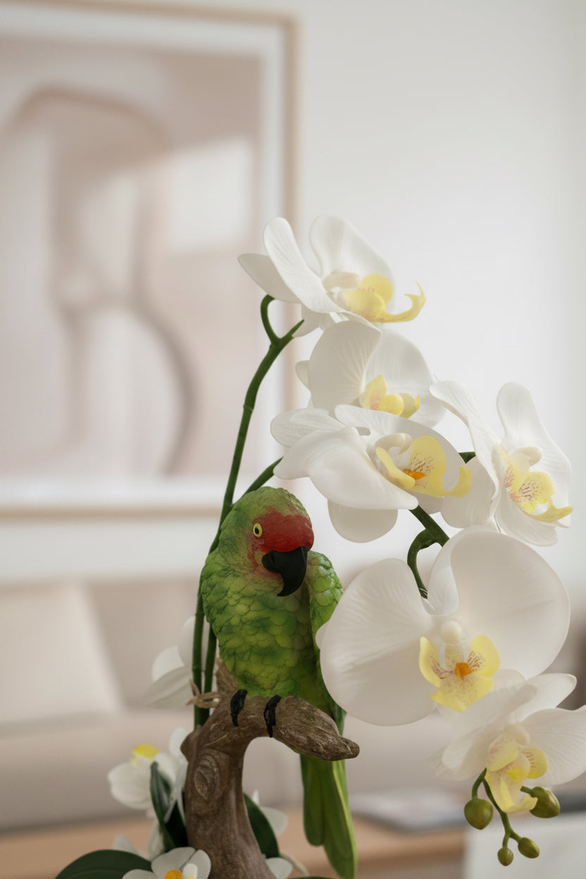 Green Parrot & White Orchid Faux Floral Sculpture