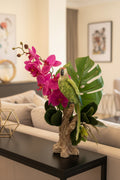 Faux Parrot & Orchid Arrangement in Wooden Stand