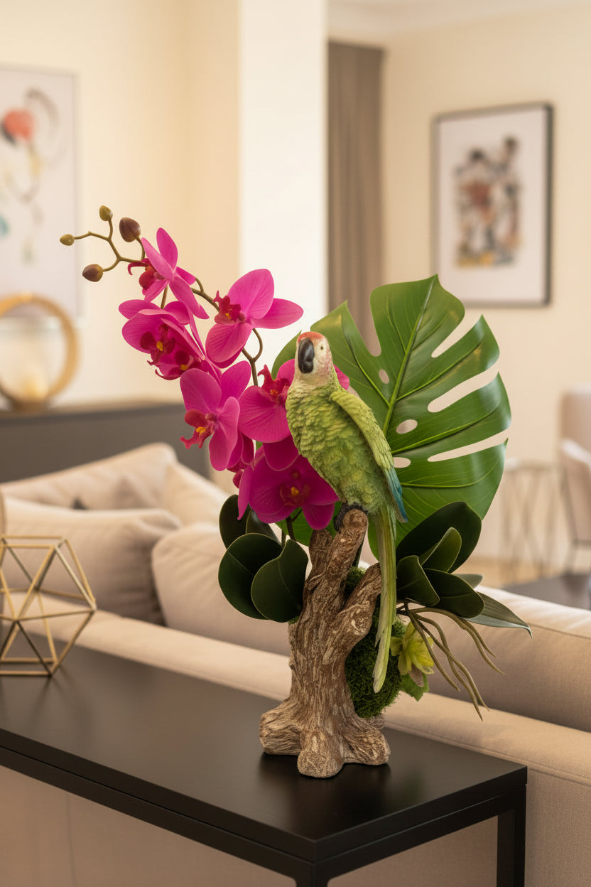 Faux Parrot & Orchid Arrangement in Wooden Stand