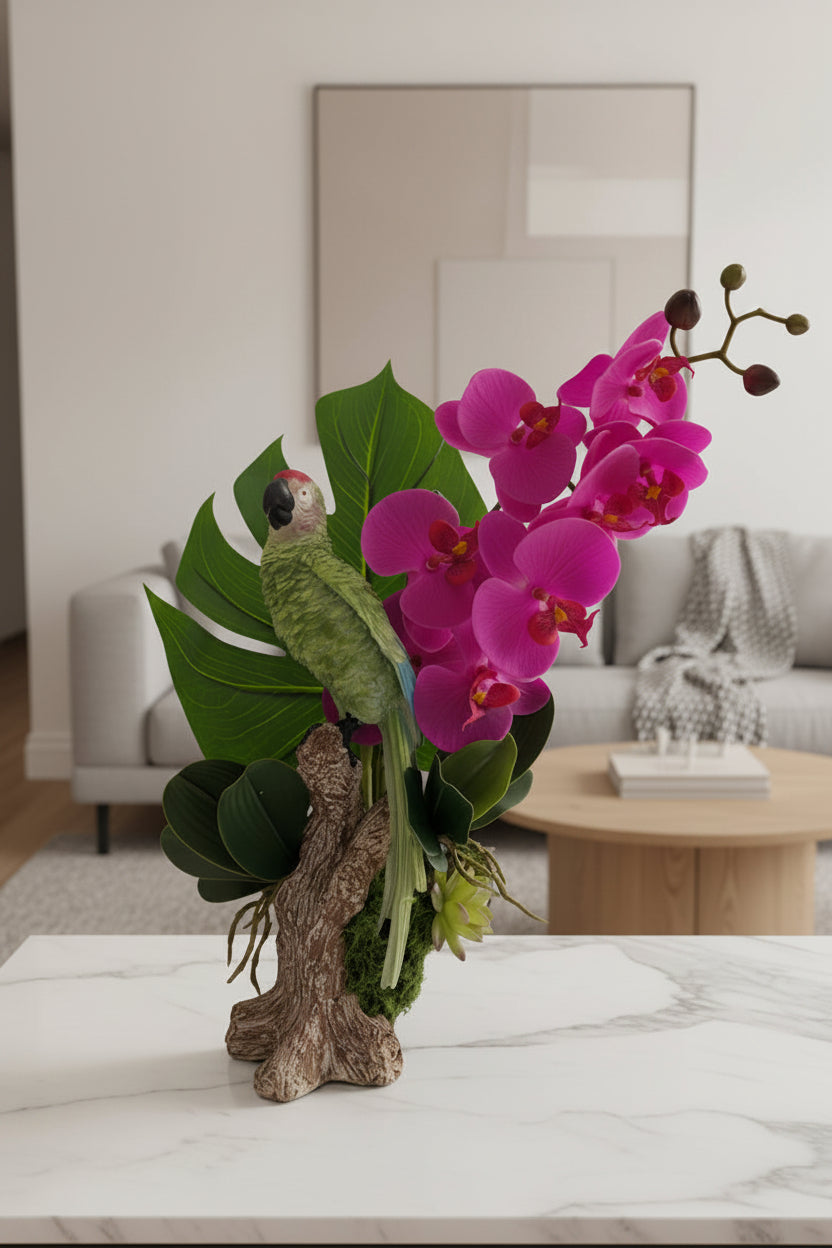 Faux Parrot & Orchid Arrangement in Wooden Stand