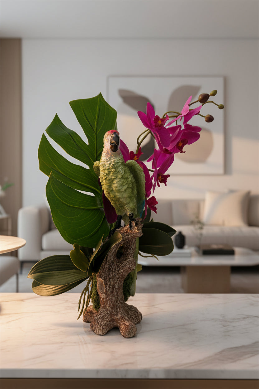 Faux Parrot & Orchid Arrangement in Wooden Stand