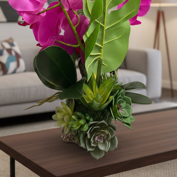 Faux Parrot & Orchid Arrangement in Wooden Stand
