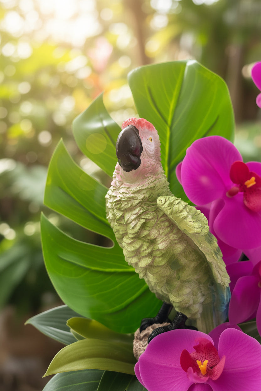 Faux Parrot & Orchid Arrangement in Wooden Stand