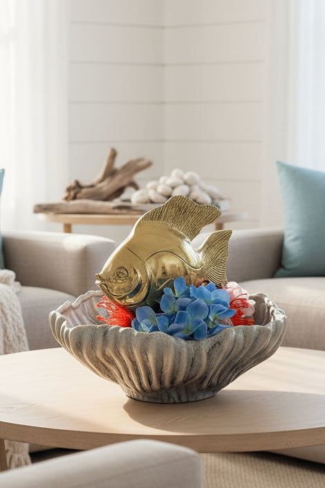 Fish in Anemone Vase – Sculptural Coastal Faux Floral Decor