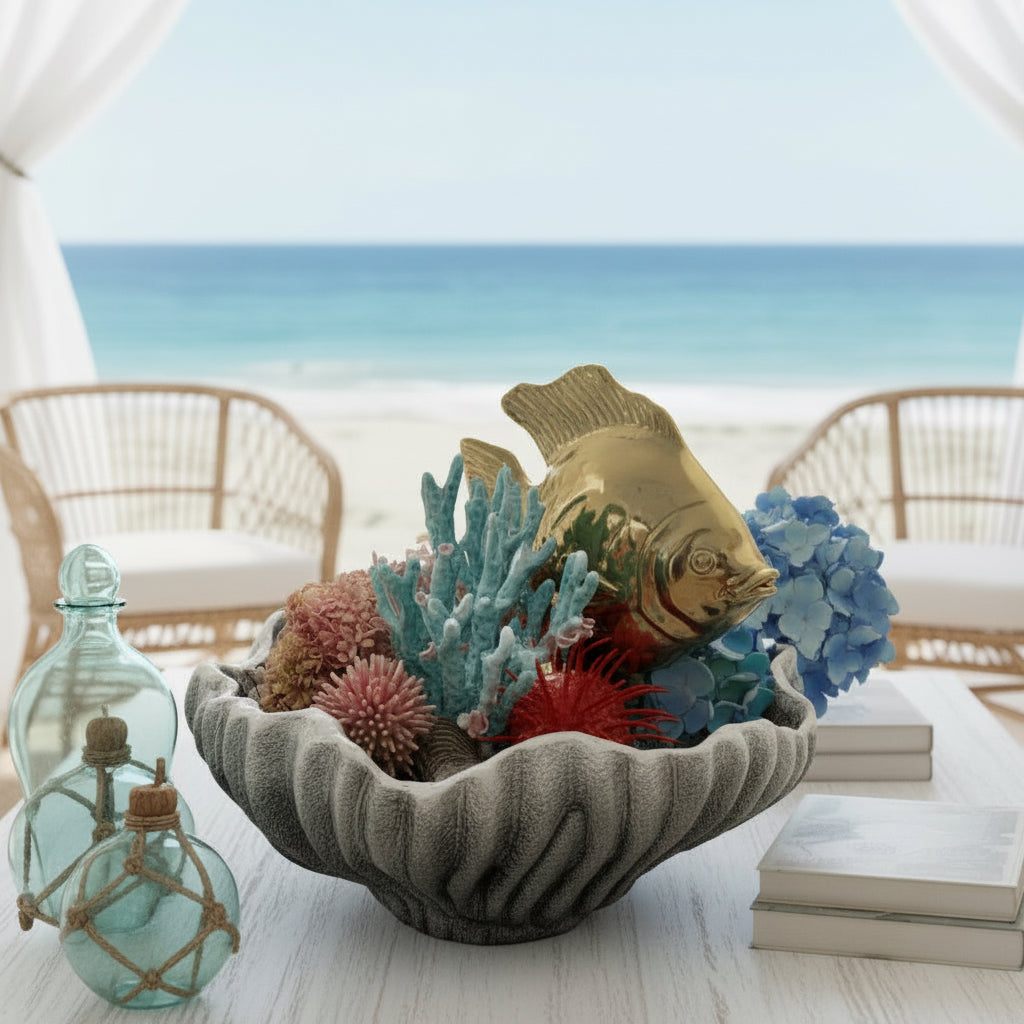 Fish in Anemone Vase – Sculptural Coastal Faux Floral Decor