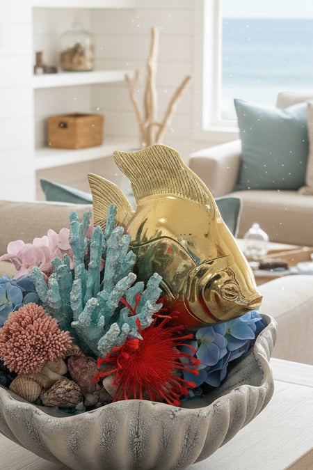 Fish in Anemone Vase – Sculptural Coastal Faux Floral Decor
