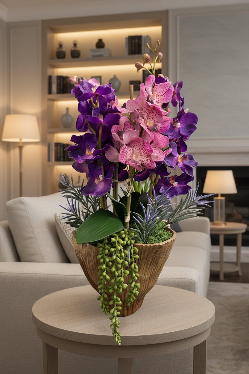 Purple & Pink Spotted Orchids in Indonesian Carved Wooden Vase