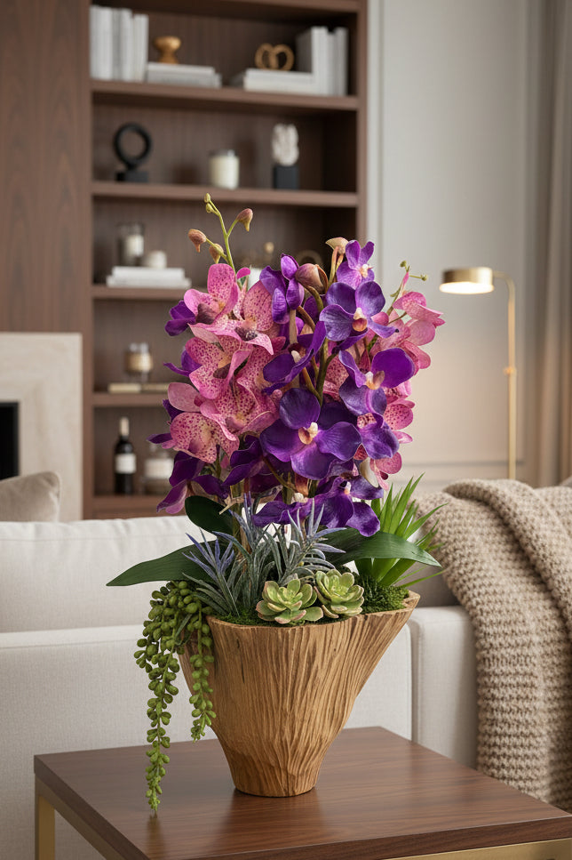 Purple & Pink Spotted Orchids in Indonesian Carved Wooden Vase