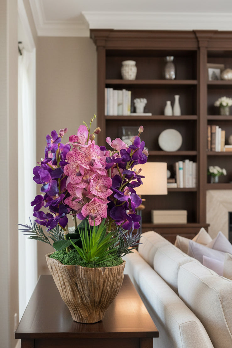Purple & Pink Spotted Orchids in Indonesian Carved Wooden Vase