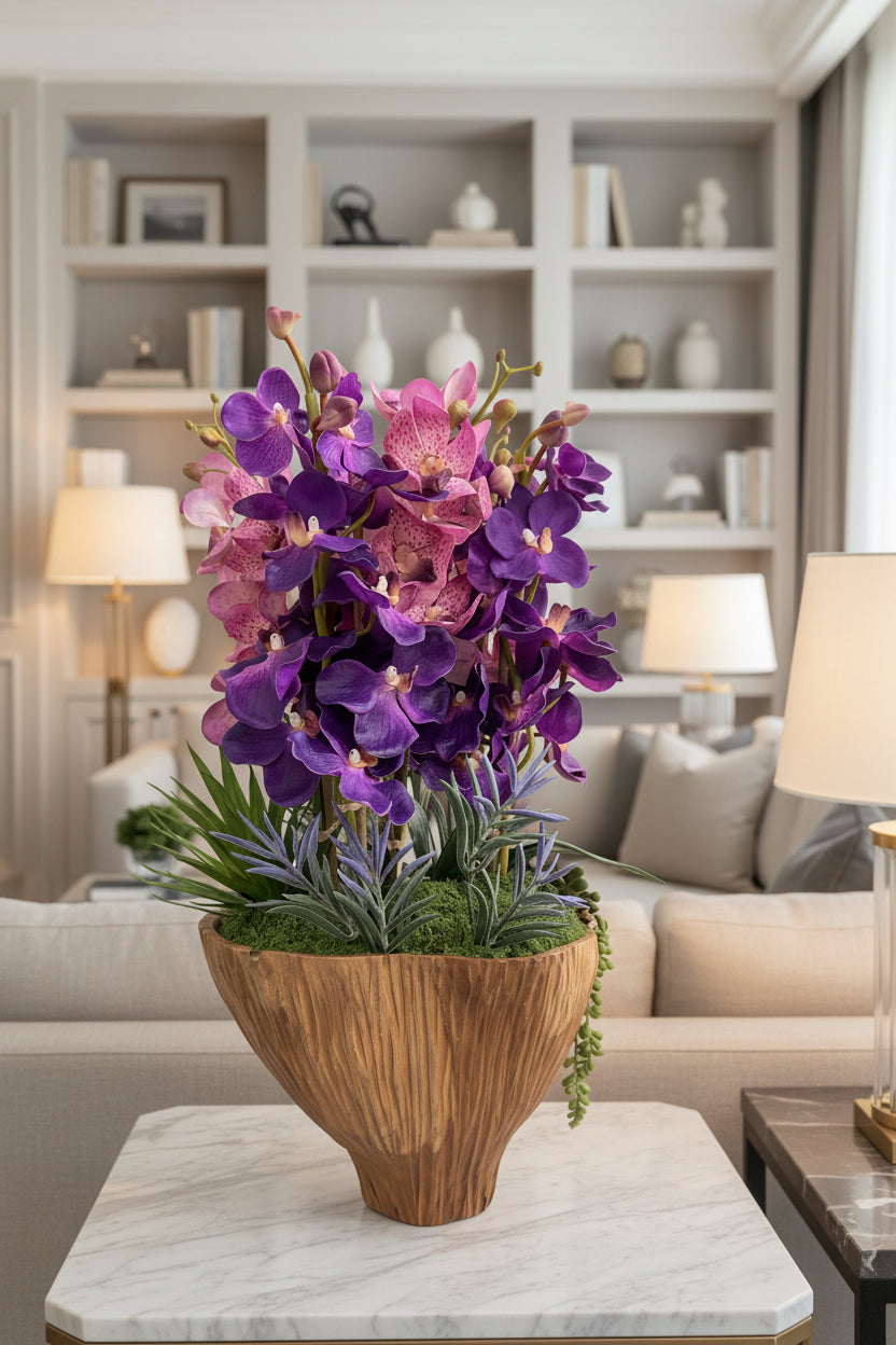 Purple & Pink Spotted Orchids in Indonesian Carved Wooden Vase