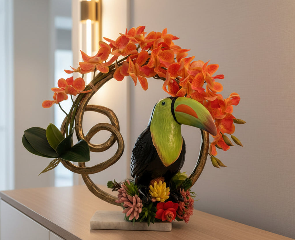 Toucan in Golden Ring | Faux Succulent & Orchid Arrangement