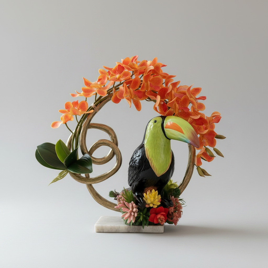 Toucan in Golden Ring | Faux Succulent & Orchid Arrangement