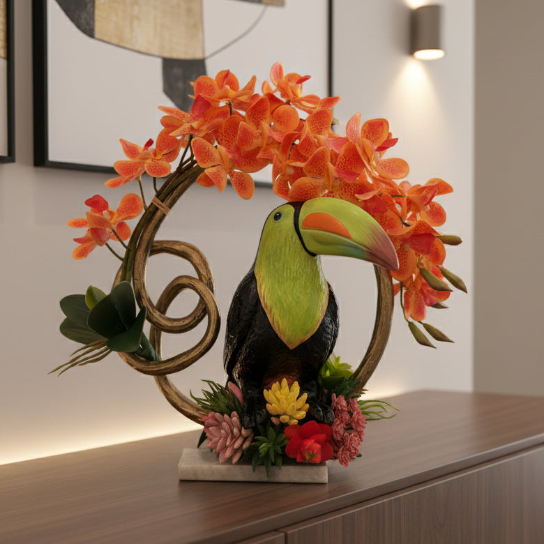 Toucan in Golden Ring | Faux Succulent & Orchid Arrangement