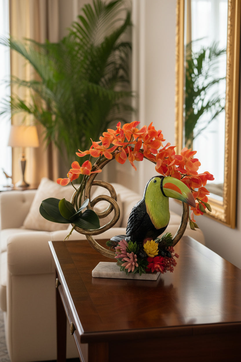 Toucan in Golden Ring | Faux Succulent & Orchid Arrangement