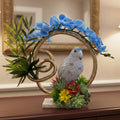 Blue Parrot & Blue Orchid Faux Floral Arrangement in Golden Ring