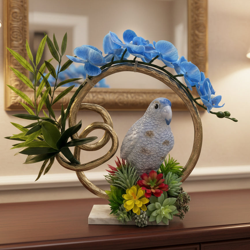 Blue Parrot & Blue Orchid Faux Floral Arrangement in Golden Ring