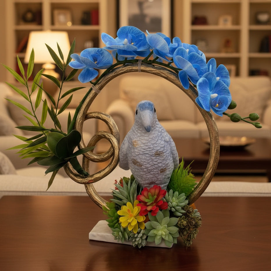 Blue Parrot & Blue Orchid Faux Floral Arrangement in Golden Ring