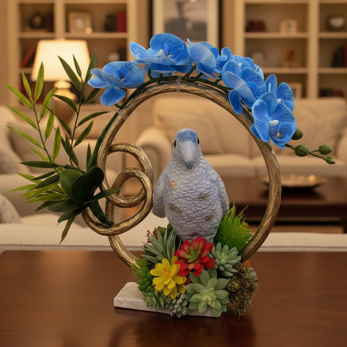 Blue Parrot & Blue Orchid Faux Floral Arrangement in Golden Ring