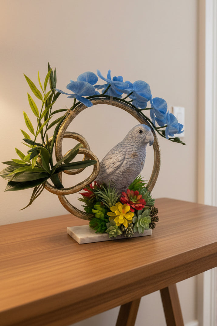 Blue Parrot & Blue Orchid Faux Floral Arrangement in Golden Ring