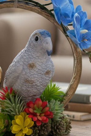 Blue Parrot & Blue Orchid Faux Floral Arrangement in Golden Ring