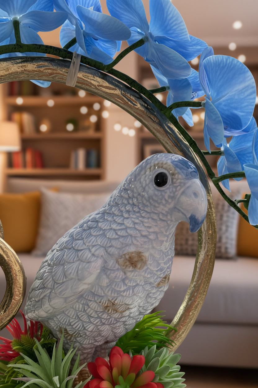 Blue Parrot & Blue Orchid Faux Floral Arrangement in Golden Ring
