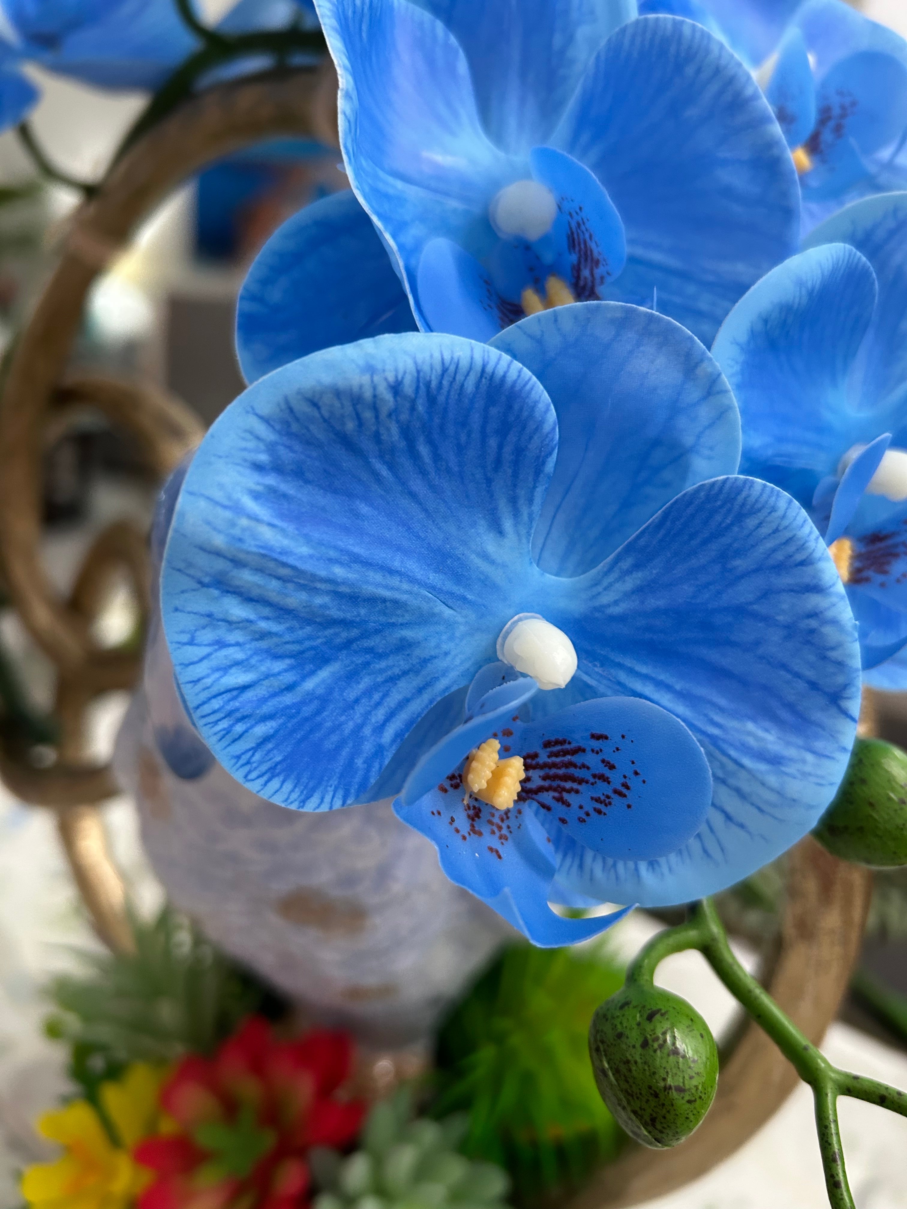 Blue Parrot & Blue Orchid Faux Floral Arrangement in Golden Ring