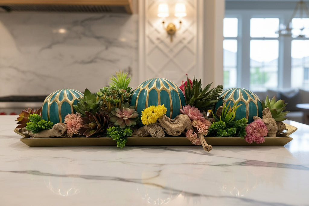 Teal Ornamental Balls in Golden Succulent Tray