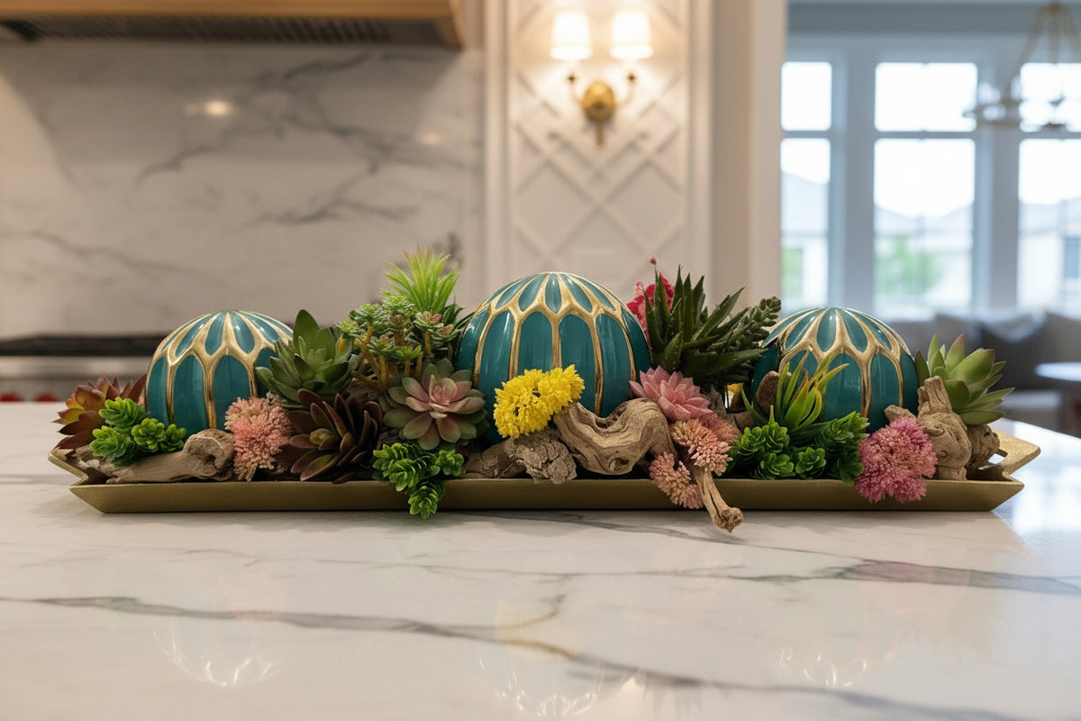 Teal Ornamental Balls in Golden Succulent Tray