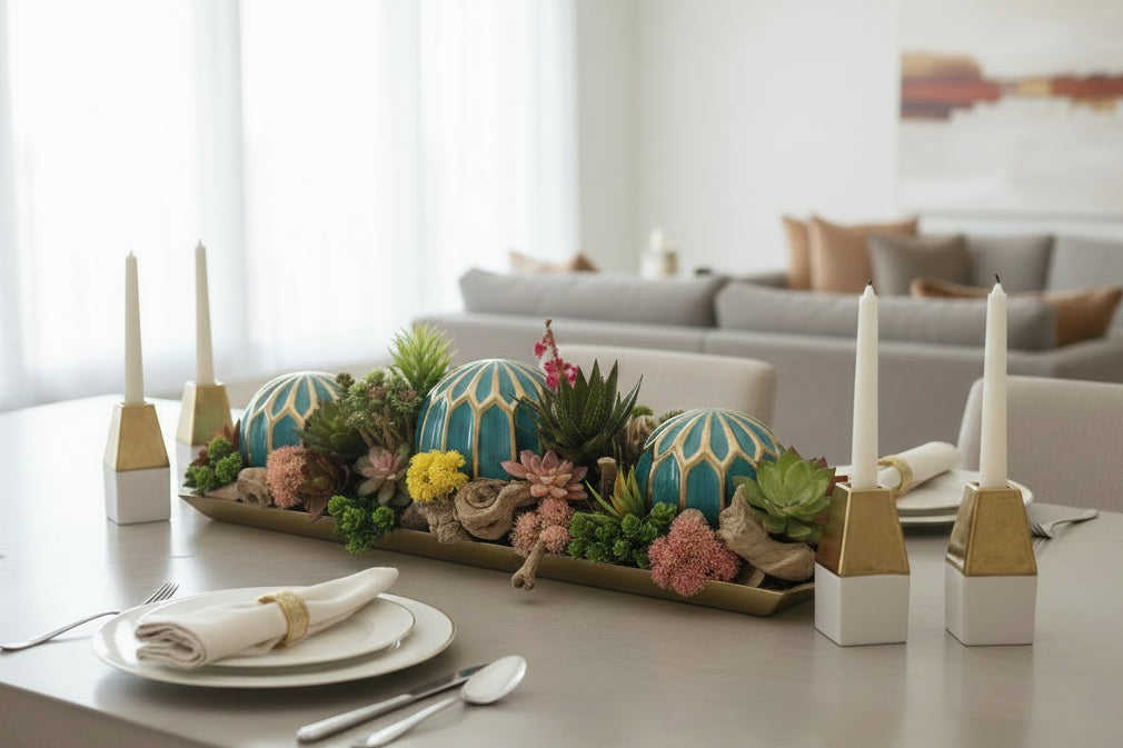 Teal Ornamental Balls in Golden Succulent Tray