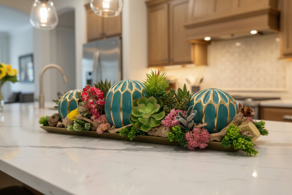 Teal Ornamental Balls in Golden Succulent Tray