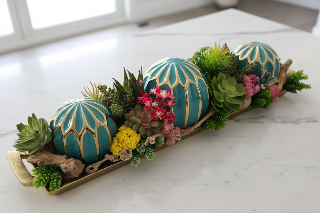 Teal Ornamental Balls in Golden Succulent Tray