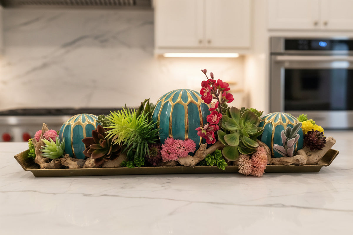 Teal Ornamental Balls in Golden Succulent Tray