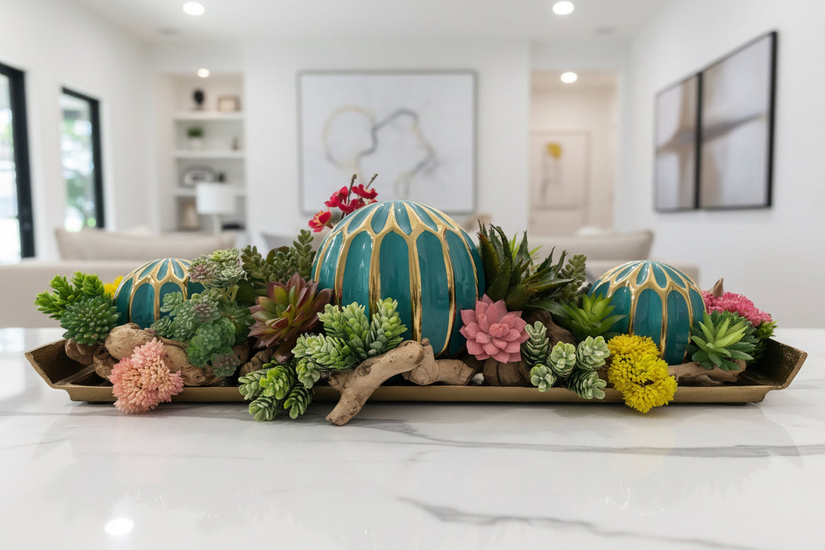 Teal Ornamental Balls in Golden Succulent Tray