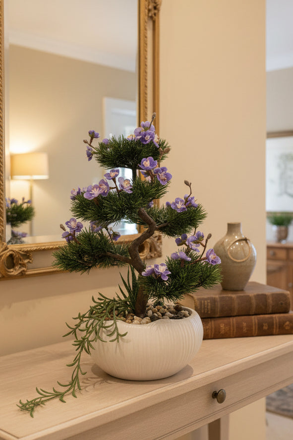 Small Bonsai with Blue Flowers – Faux Floral Arrangement