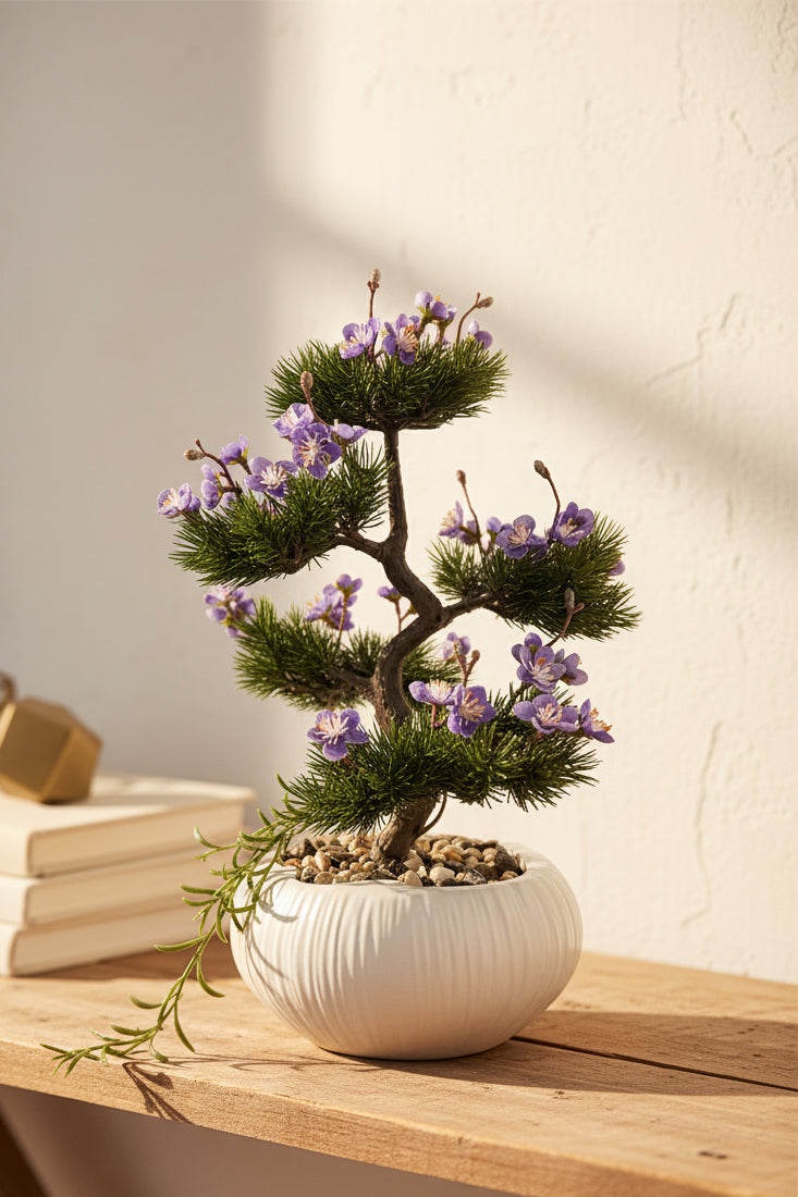 Small Bonsai with Blue Flowers – Faux Floral Arrangement