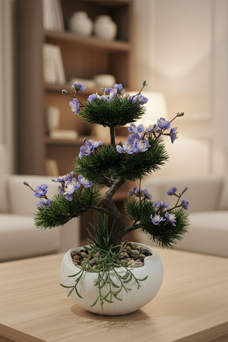 Small Bonsai with Blue Flowers – Faux Floral Arrangement
