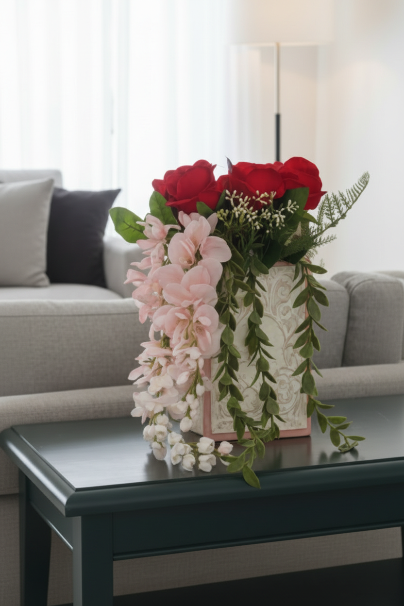 Romance Flower Book Vase — Red Roses, Pink Blooms & Violet Gladiolus