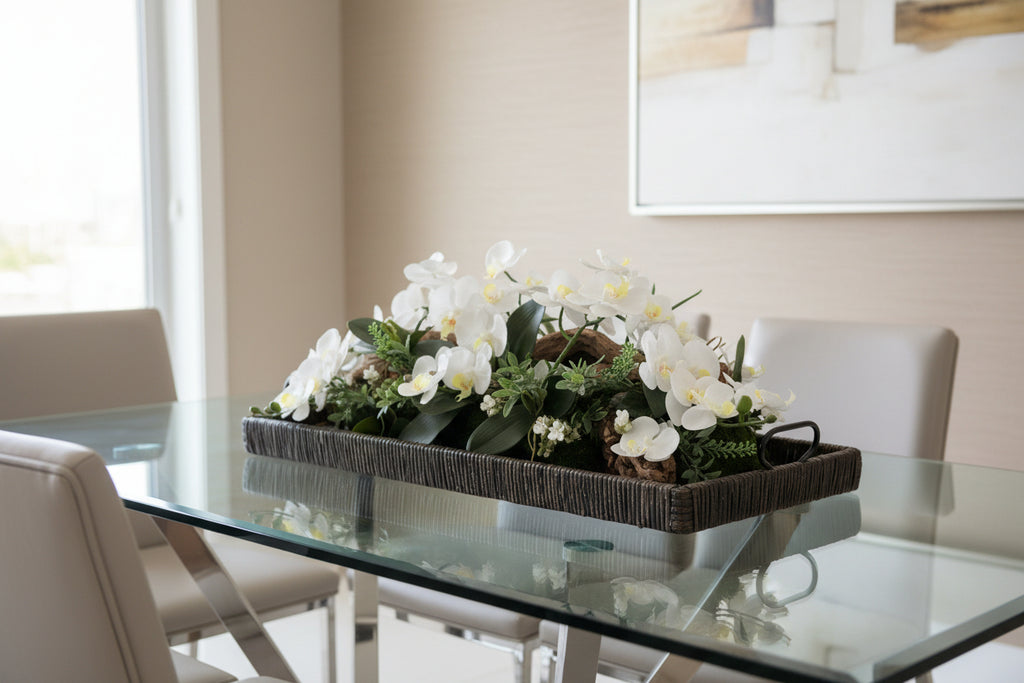 38" Black Basket Tray with White Orchids | Faux Floral Centerpiece