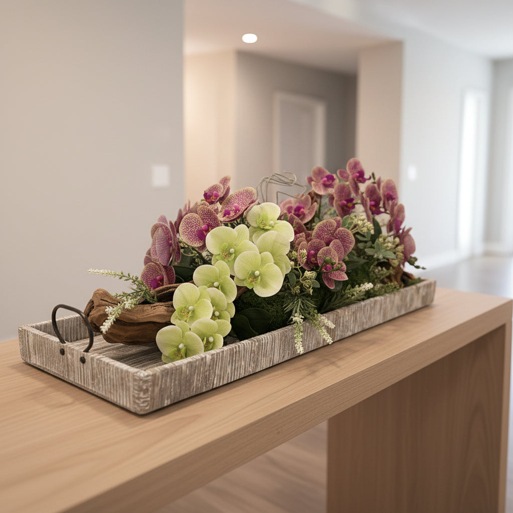 38" Large Beige Basket with White Orchids | Faux Floral Centerpiece