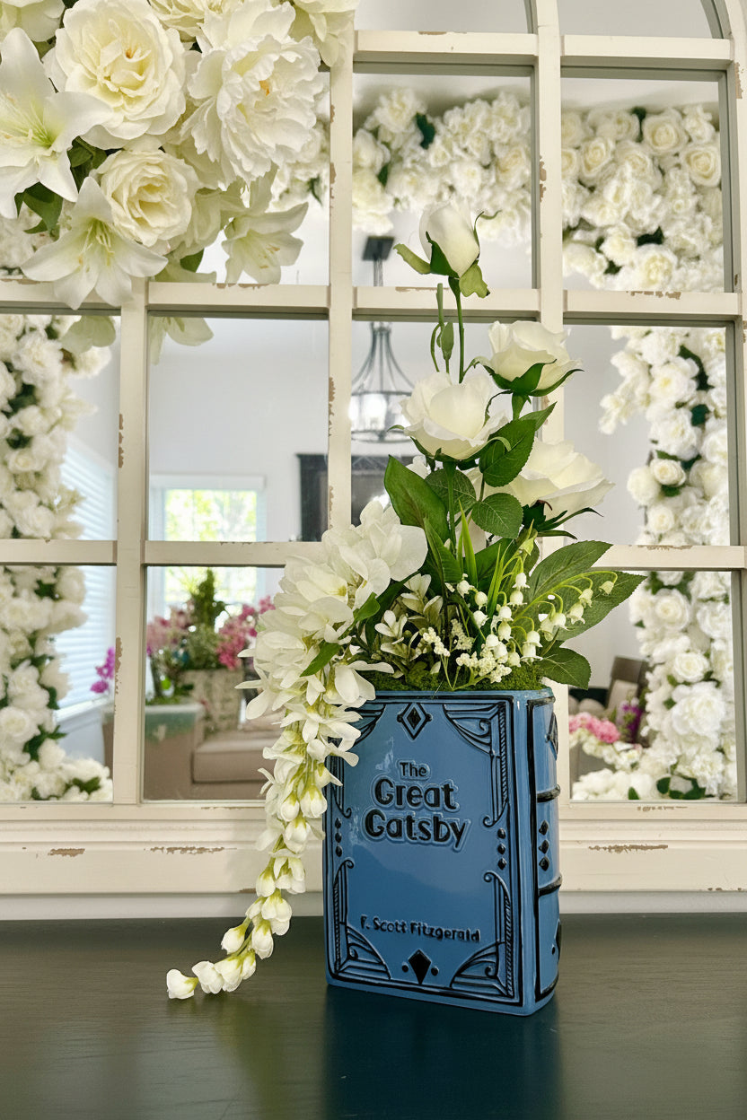 The Great Gatsby Flower Book Vase — White Faux Floral Art Edition