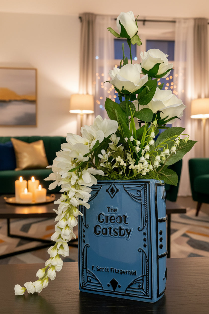 The Great Gatsby Flower Book Vase — White Faux Floral Art Edition