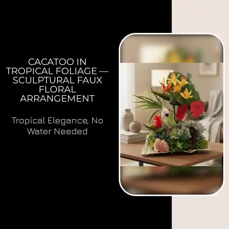 Cacatoo in Tropical Foliage &mdash; Sculptural Faux Floral Arrangement by@Outfy