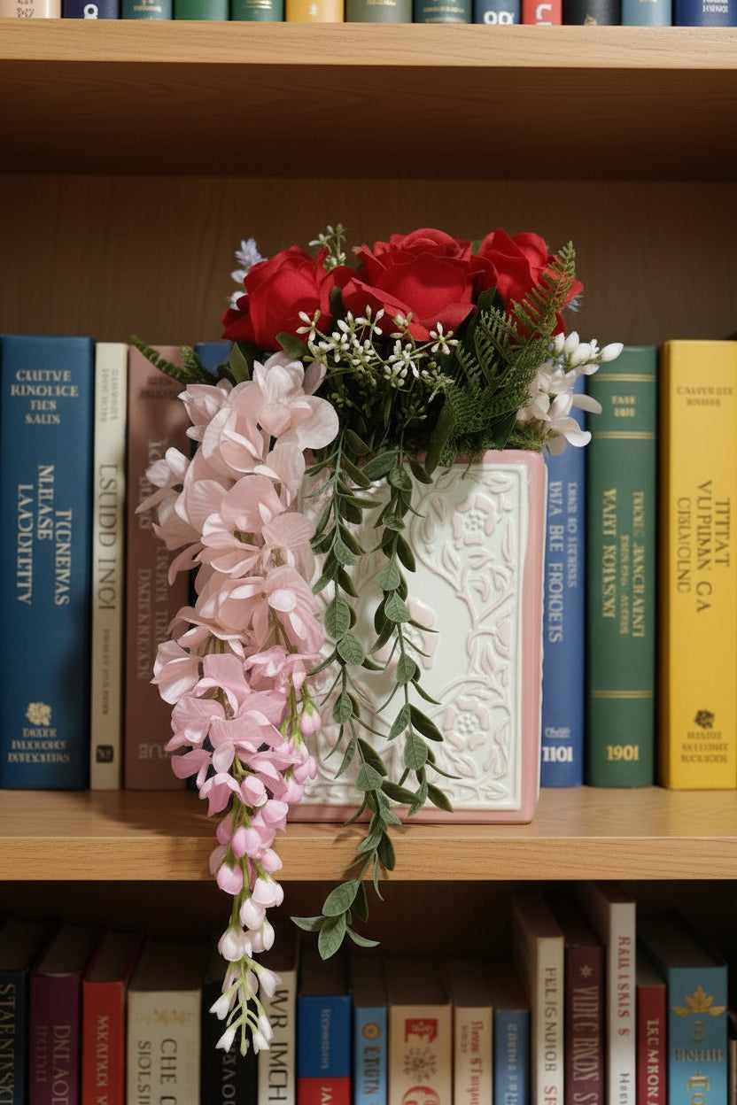 Romance Flower Book Vase — Red Roses, Pink Blooms & Violet Gladiolus