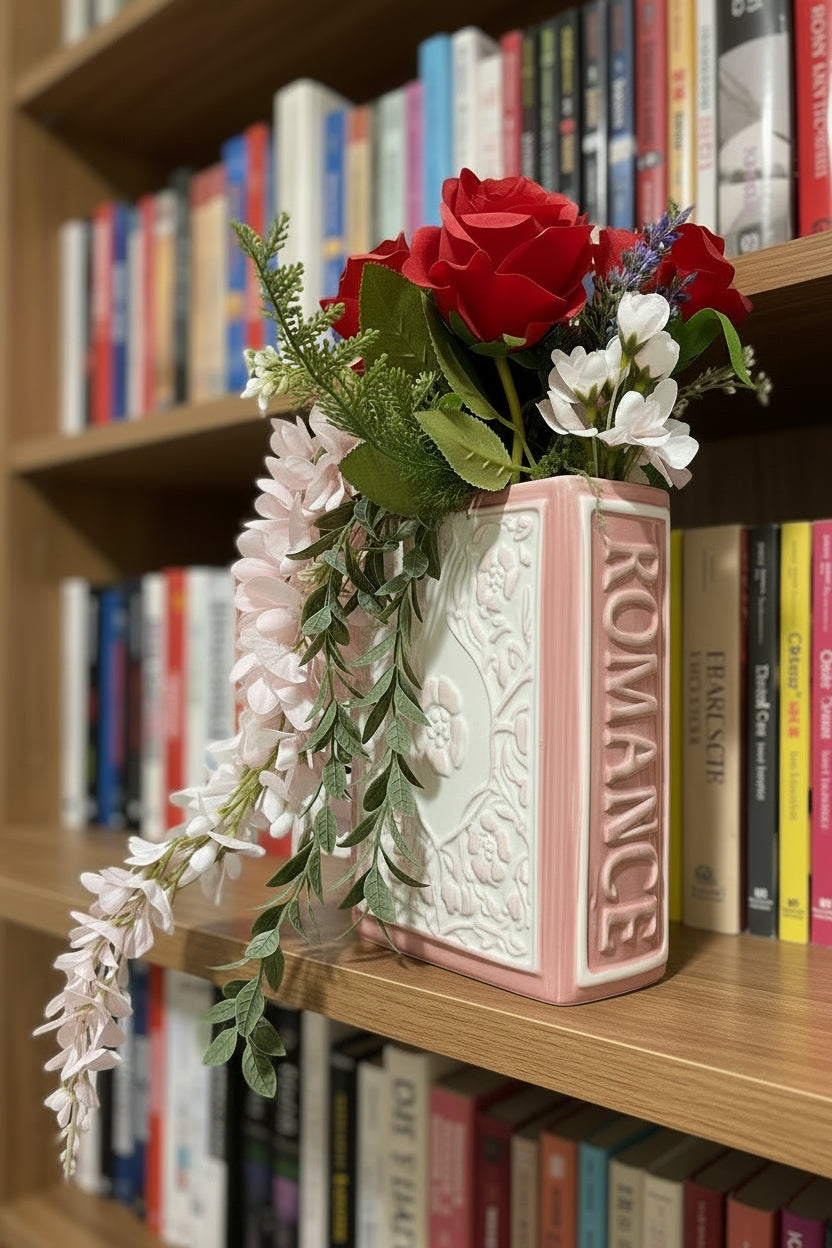 Romance Flower Book Vase — Red Roses, Pink Blooms & Violet Gladiolus